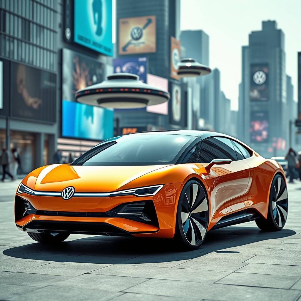 A futuristic concept car representing a Volkswagen model set in the year 2025