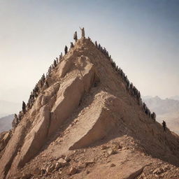 Generate an image portraying a group of Muslims, along with Prophet Isa, climbing Mount Sinai together, symbolizing unity, faith, and perseverance.