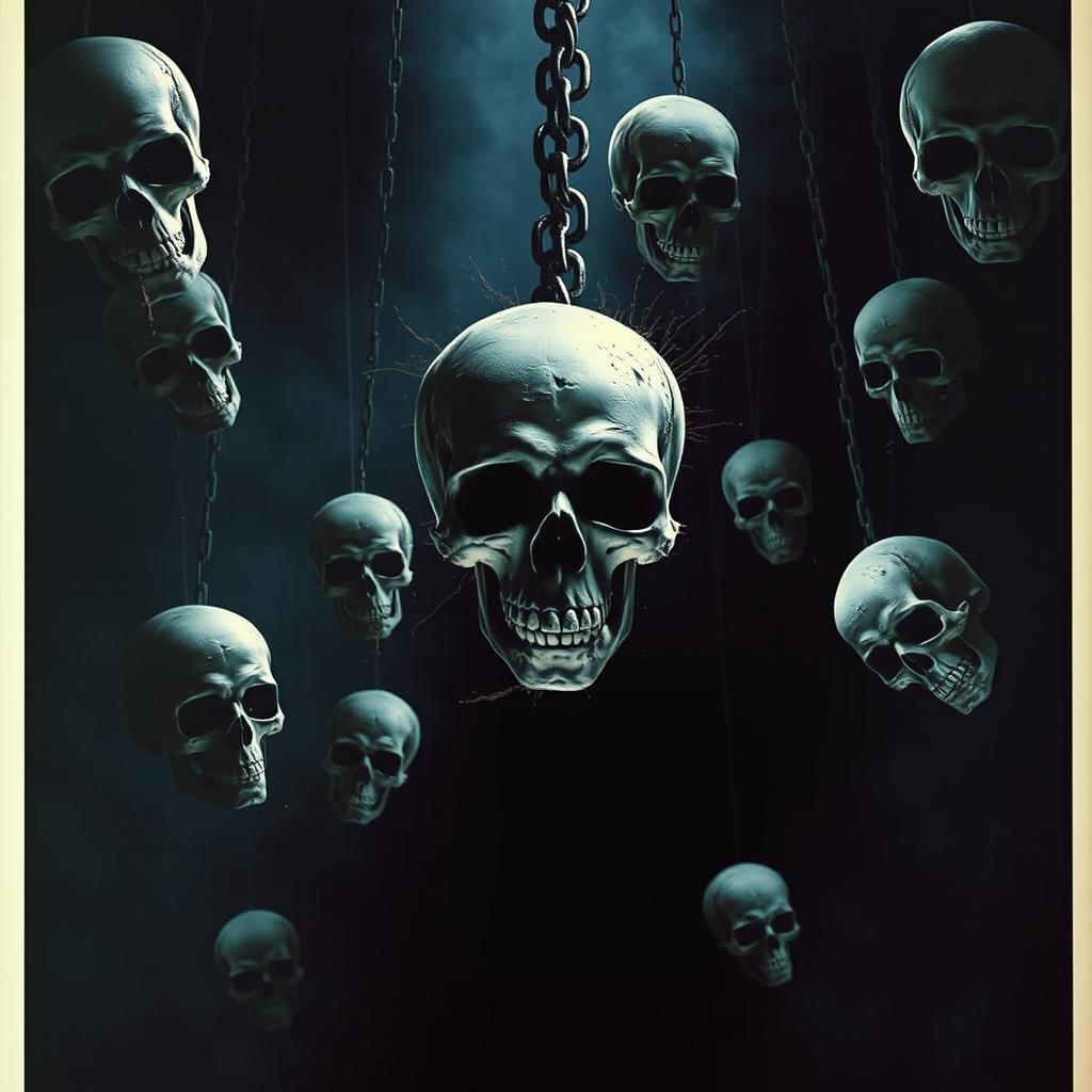 A dramatic movie poster in the style of 'Final Destination' featuring 9 skulls falling from above into an abyss