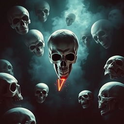 A dramatic movie poster in the style of 'Final Destination' featuring 9 skulls falling from above into an abyss