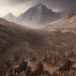 Generate an image showcasing the hordes of Gog and Magog arriving at the base of Mount Sinai. It should capture the contrast between the chaotic horde below and the determined and unified group above.