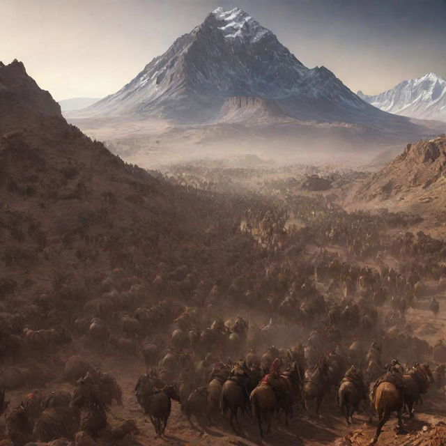 Generate an image showcasing the hordes of Gog and Magog arriving at the base of Mount Sinai. It should capture the contrast between the chaotic horde below and the determined and unified group above.