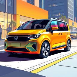A vivid concept illustration of the Volkswagen Gol, featuring a boxy design, set in the year 2027