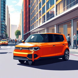 A vivid concept illustration of the Volkswagen Gol, featuring a boxy design, set in the year 2027