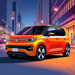 A vivid concept illustration of the Volkswagen Gol, featuring a boxy design, set in the year 2027