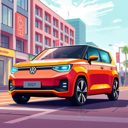 A vivid concept illustration of the Volkswagen Gol, featuring a boxy design, set in the year 2027