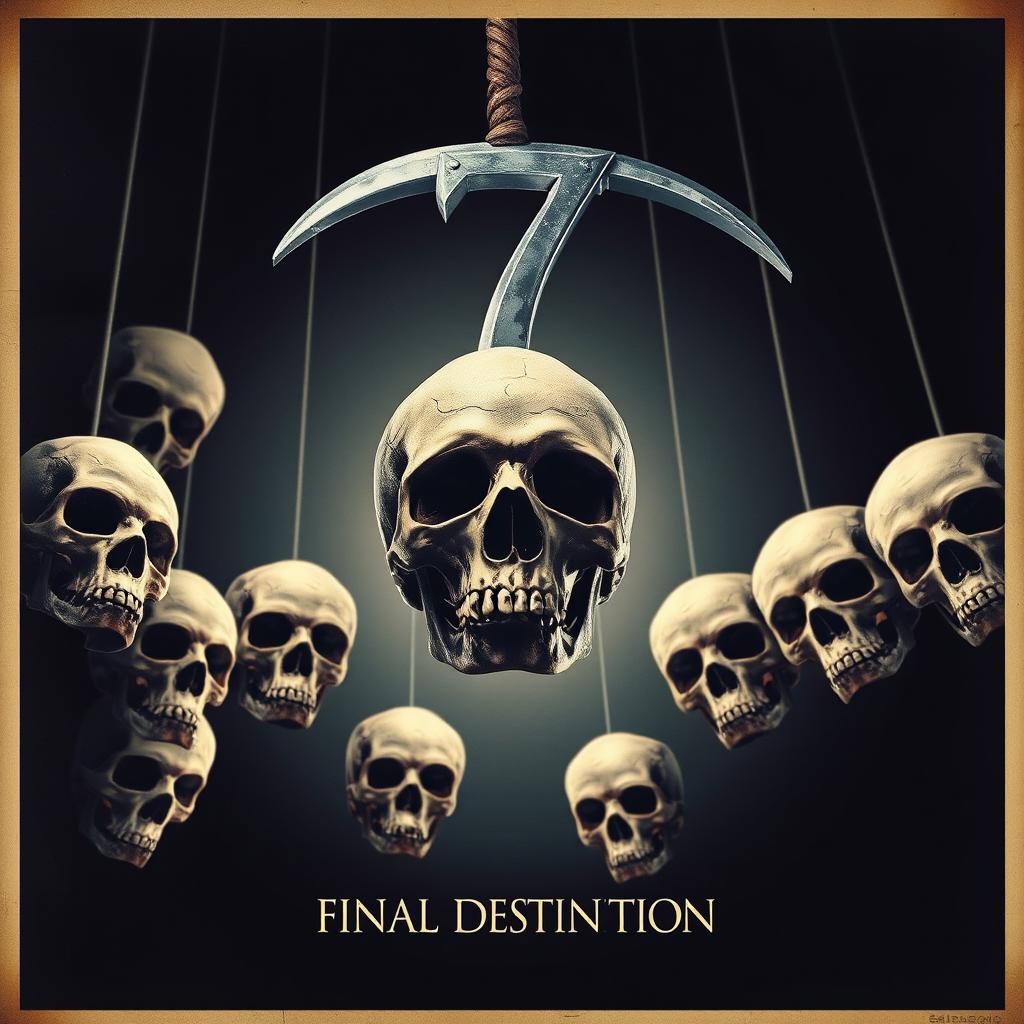 A movie poster in the style of Final Destination featuring eight skulls falling from above into the void