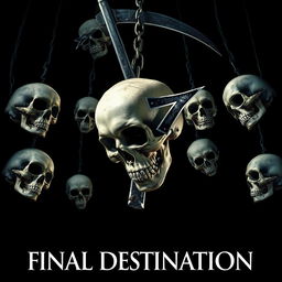 A movie poster in the style of Final Destination featuring eight skulls falling from above into the void