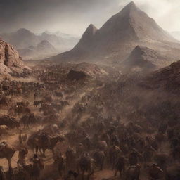 Generate an image showcasing the hordes of Gog and Magog arriving at the base of Mount Sinai. It should capture the contrast between the chaotic horde below and the determined and unified group above.