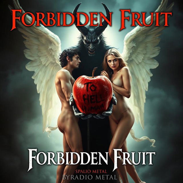 A dramatic cinematic poster for the movie title "Forbidden Fruit" with the subtitle "By Radio Metal"