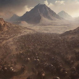 Generate an image showcasing the hordes of Gog and Magog arriving at the base of Mount Sinai. It should capture the contrast between the chaotic horde below and the determined and unified group above.