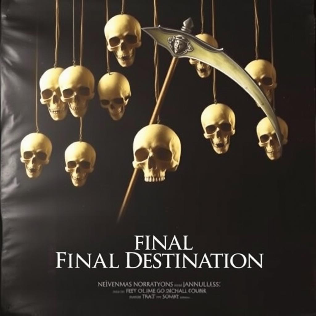 A movie poster in the style of 'Final Destination', featuring eight skulls falling from above into a void, with the main skull being violently impacted by a sharp scythe-shaped number seven