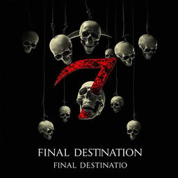 A movie poster in the style of 'Final Destination', featuring eight skulls falling from above into a void, with the main skull being violently impacted by a sharp scythe-shaped number seven