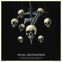 A movie poster in the style of 'Final Destination', featuring eight skulls falling from above into a void, with the main skull being violently impacted by a sharp scythe-shaped number seven