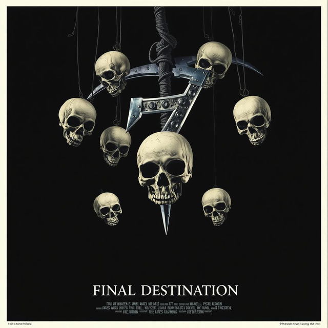 A movie poster in the style of 'Final Destination', featuring eight skulls falling from above into a void, with the main skull being violently impacted by a sharp scythe-shaped number seven