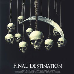 A movie poster in the style of 'Final Destination', featuring eight skulls falling from above into a void, with the main skull being violently impacted by a sharp scythe-shaped number seven