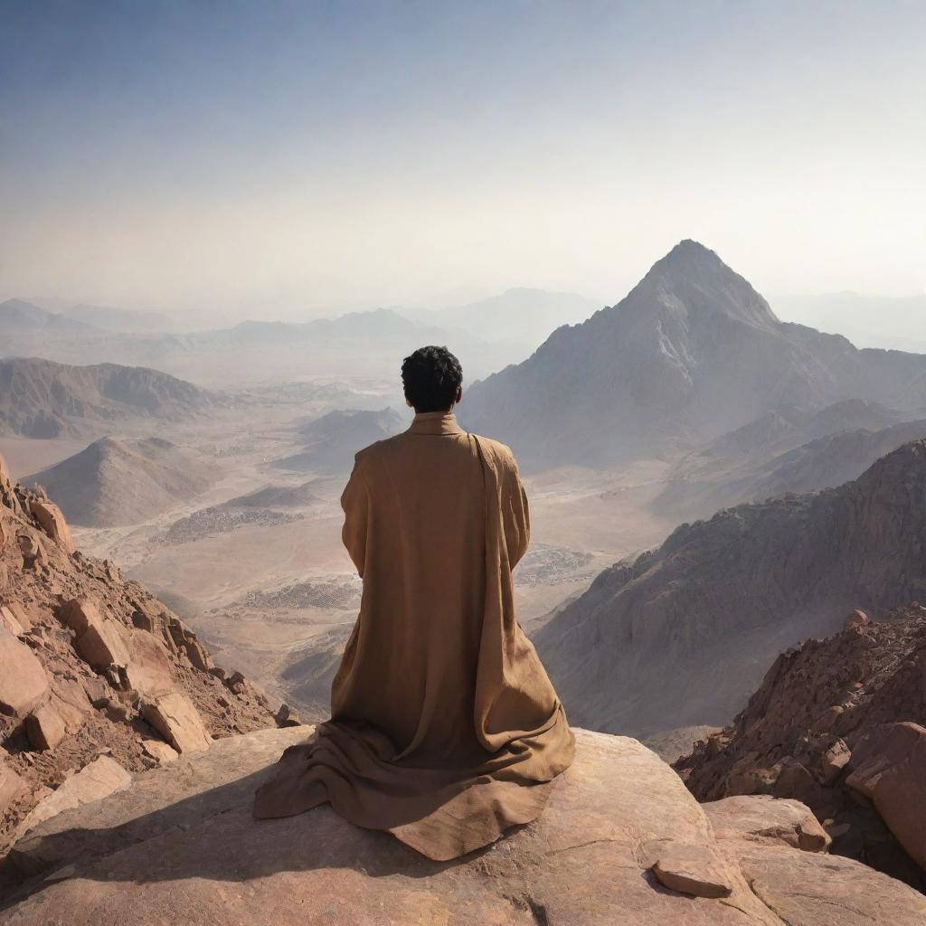 Generate an image of Prophet Isa in a serene and focused prayer stance atop Mount Sinai, showing a juxtaposition of tranquillity amidst chaos.