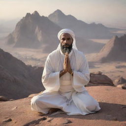 Generate an image of Prophet Isa in a serene and focused prayer stance atop Mount Sinai, showing a juxtaposition of tranquillity amidst chaos.