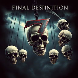 A thrilling movie poster in the style of 'Final Destination', featuring eight skulls plummeting down into an abyss