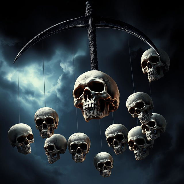 A thrilling movie poster in the style of 'Final Destination', featuring eight skulls plummeting down into an abyss