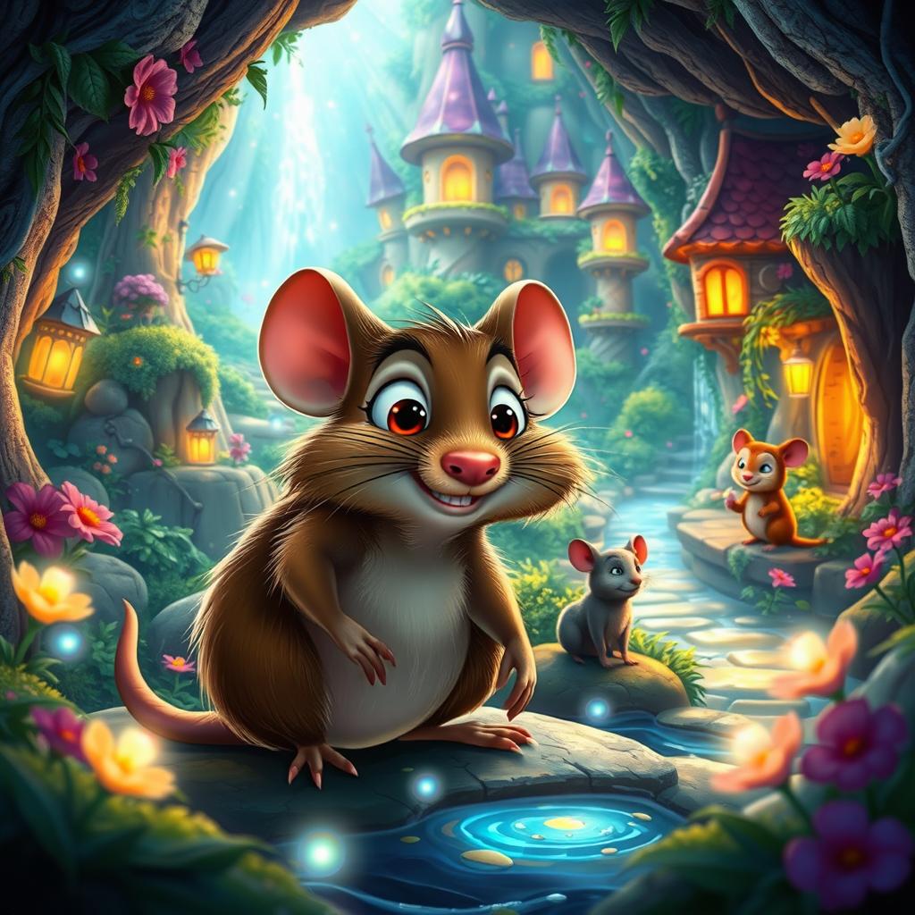 A vibrant and enchanting scene from the animated film 'The Secret of NIMH (2024)', featuring a mystical underground world inhabited by anthropomorphic animals