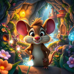A vibrant and enchanting scene from the animated film 'The Secret of NIMH (2024)', featuring a mystical underground world inhabited by anthropomorphic animals