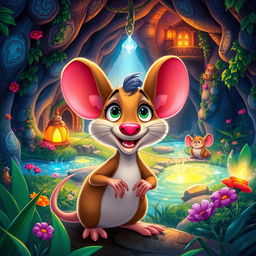 A vibrant and enchanting scene from the animated film 'The Secret of NIMH (2024)', featuring a mystical underground world inhabited by anthropomorphic animals