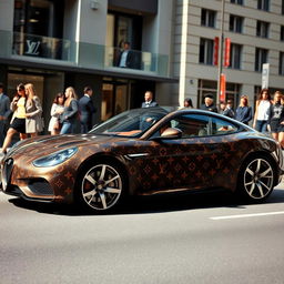 A luxurious Louis Vuitton street car, showcasing the iconic LV monogram pattern elegantly wrapped around the body of the car