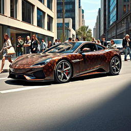 A luxurious Louis Vuitton street car, showcasing the iconic LV monogram pattern elegantly wrapped around the body of the car