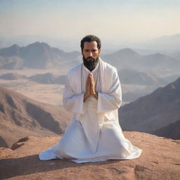 Generate an image of Prophet Isa in a serene and focused prayer stance atop Mount Sinai, showing a juxtaposition of tranquillity amidst chaos.