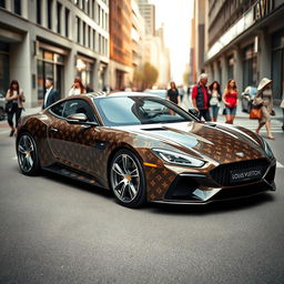 A luxurious Louis Vuitton street car, showcasing the iconic LV monogram pattern elegantly wrapped around the body of the car