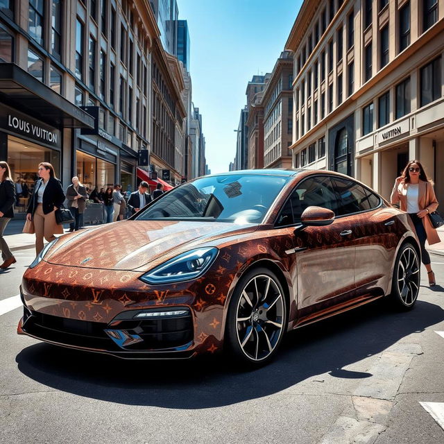 A stylish Louis Vuitton street car, wrapped in the iconic LV monogram, showcasing luxury and elegance