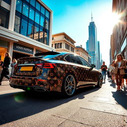 A stylish Louis Vuitton street car, wrapped in the iconic LV monogram, showcasing luxury and elegance