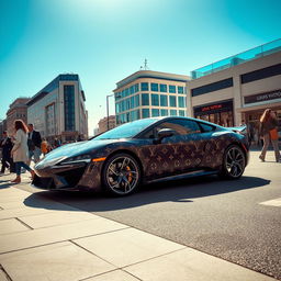 A stylish Louis Vuitton street car, wrapped in the iconic LV monogram, showcasing luxury and elegance