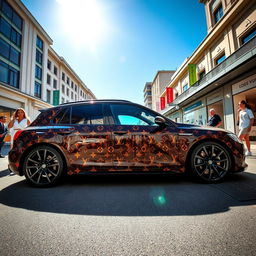 A stylish Louis Vuitton street car, wrapped in the iconic LV monogram, showcasing luxury and elegance