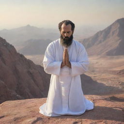 Generate an image of Prophet Isa in a serene and focused prayer stance atop Mount Sinai, showing a juxtaposition of tranquillity amidst chaos.