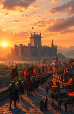 An expansive view of a grand, ancient empire at sunset, featuring majestic stone architecture, towering castles, and lush green landscapes
