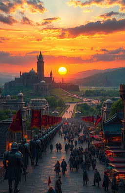 An expansive view of a grand, ancient empire at sunset, featuring majestic stone architecture, towering castles, and lush green landscapes