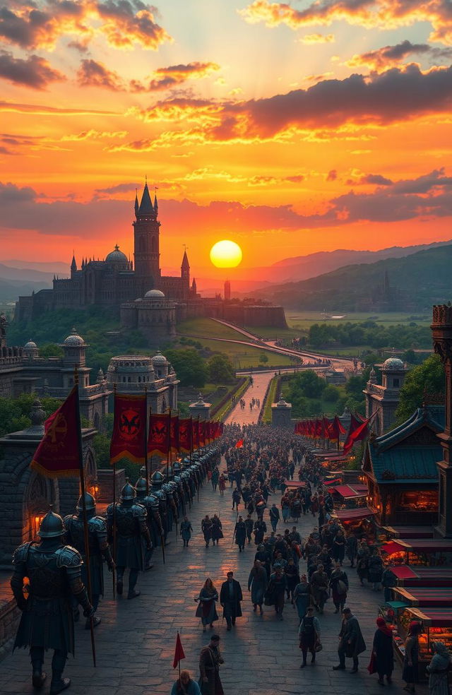 An expansive view of a grand, ancient empire at sunset, featuring majestic stone architecture, towering castles, and lush green landscapes