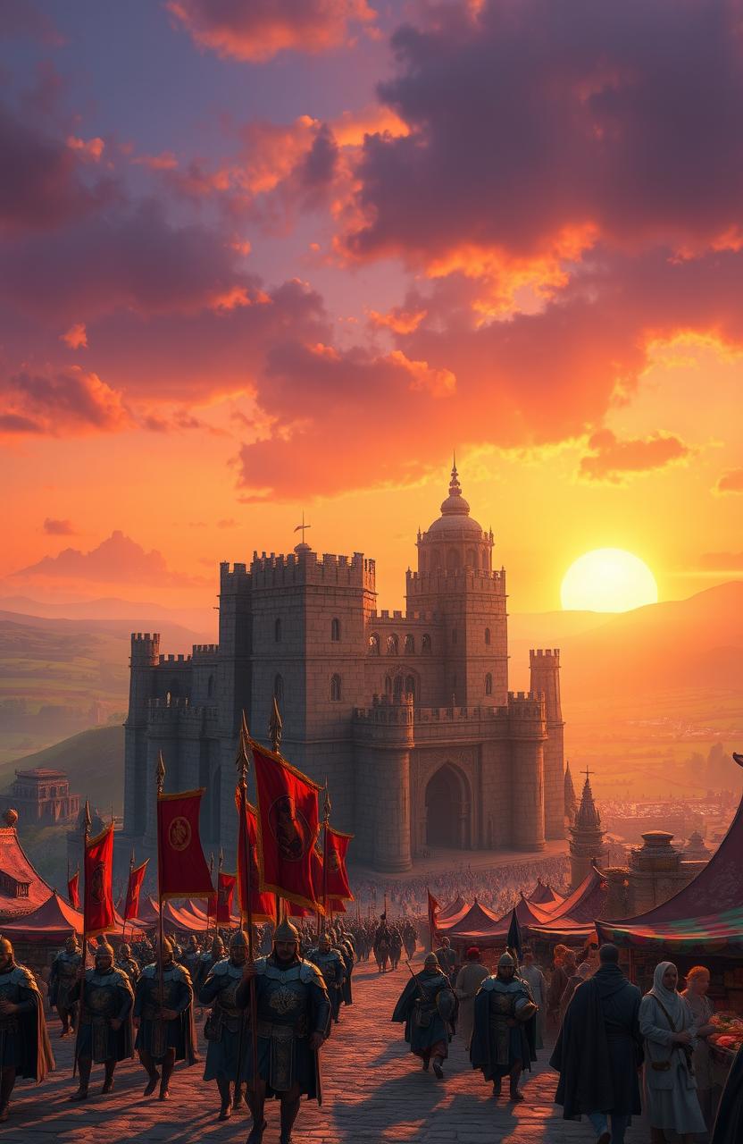 An expansive view of a grand, ancient empire at sunset, featuring majestic stone architecture, towering castles, and lush green landscapes