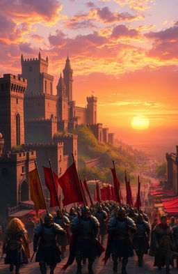 An expansive view of a grand, ancient empire at sunset, featuring majestic stone architecture, towering castles, and lush green landscapes