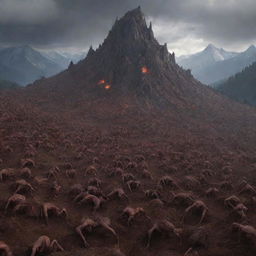 Generate an image of the horde from Gog and Magog at the base of the mountain, suddenly surrounded by a mass of worms, adding a supernatural and startling element to the scene.