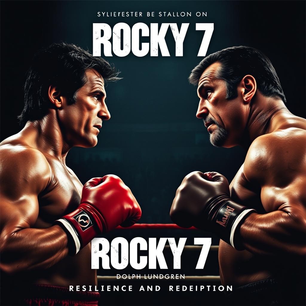 Teaser poster for 'Rocky 7' featuring Sylvester Stallone and Dolph Lundgren in an intense boxing setting