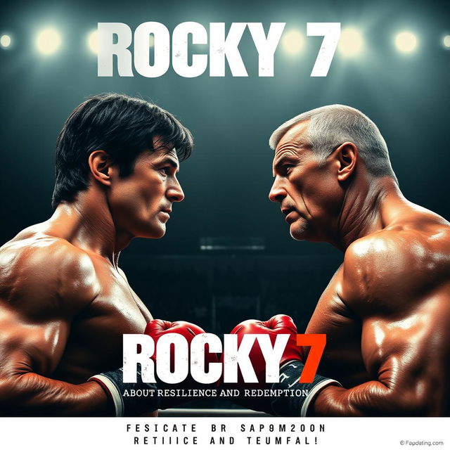 Teaser poster for 'Rocky 7' featuring Sylvester Stallone and Dolph Lundgren in an intense boxing setting