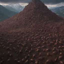 Generate an image of the horde from Gog and Magog at the base of the mountain, suddenly surrounded by a mass of worms, adding a supernatural and startling element to the scene.