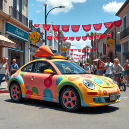 A vibrant and playful street scene featuring a car inspired by the whimsical design of Babalu, a colorful character known for its fun and energetic personality