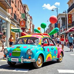 A vibrant and playful street scene featuring a car inspired by the whimsical design of Babalu, a colorful character known for its fun and energetic personality