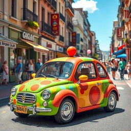 A vibrant and playful street scene featuring a car inspired by the whimsical design of Babalu, a colorful character known for its fun and energetic personality