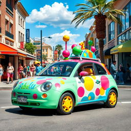 A vibrant and playful street scene featuring a car inspired by the whimsical design of Babalu, a colorful character known for its fun and energetic personality