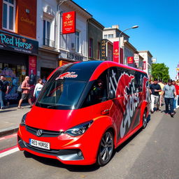 A striking Red Horse street car, designed with bold graphics and a vivid red color scheme that captures the eye